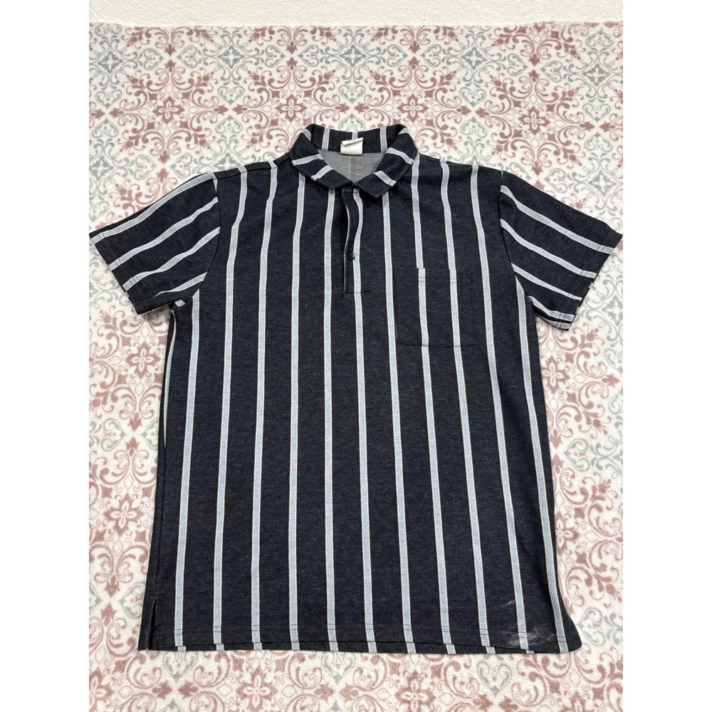 Urban Outfitters Mens Medium Vertical Stripe Polo Shirt Charcoal Blue Knit Retro